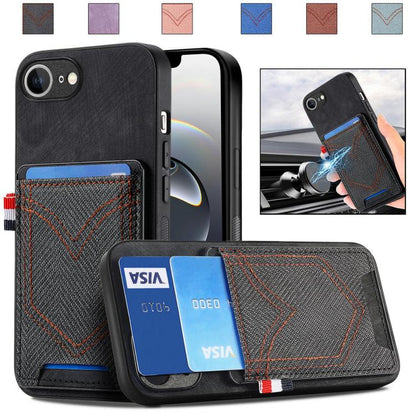 For iPhone 16e Denim Texture Leather Skin Phone Case with Card Slot(Black) - iPhone 16e Cases by buy2fix | Online Shopping UK | buy2fix