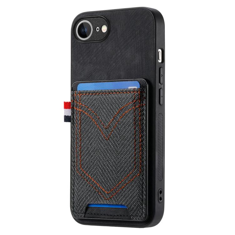 For iPhone 16e Denim Texture Leather Skin Phone Case with Card Slot(Black) - iPhone 16e Cases by buy2fix | Online Shopping UK | buy2fix