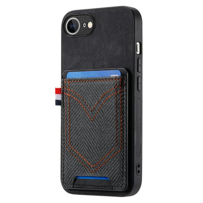 For iPhone 16e Denim Texture Leather Skin Phone Case with Card Slot(Black) - iPhone 16e Cases by buy2fix | Online Shopping UK | buy2fix