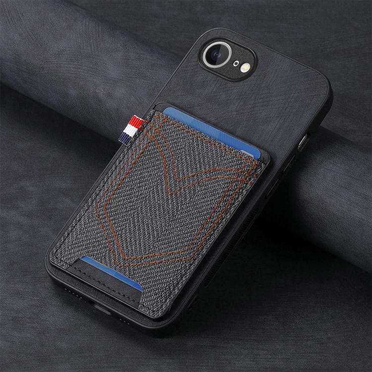 For iPhone 16e Denim Texture Leather Skin Phone Case with Card Slot(Black) - iPhone 16e Cases by buy2fix | Online Shopping UK | buy2fix