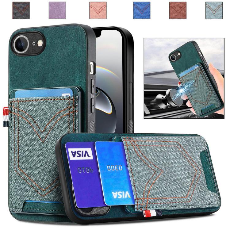 For iPhone 16e Denim Texture Leather Skin Phone Case with Card Slot(Green) - iPhone 16e Cases by buy2fix | Online Shopping UK | buy2fix
