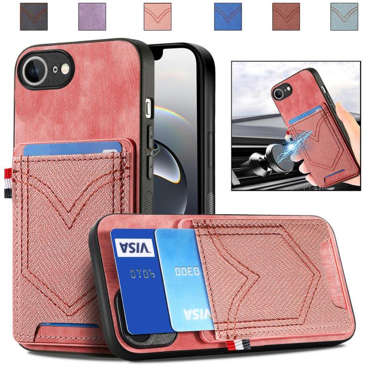 For iPhone 16e Denim Texture Leather Skin Phone Case with Card Slot(Pink) - iPhone 16e Cases by buy2fix | Online Shopping UK | buy2fix
