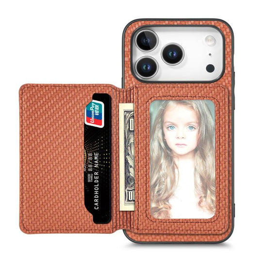 For iPhone 18 Pro Max / 17 Pro Max Carbon Fiber Magnetic Card Wallet RFID Blocking Phone Case(Brown)