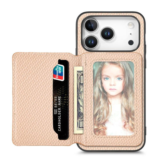 For iPhone 18 Pro Max / 17 Pro Max Carbon Fiber Magnetic Card Wallet RFID Blocking Phone Case(Khaki)