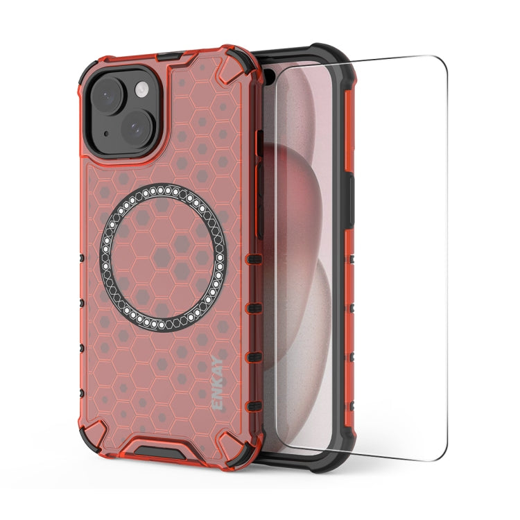 For iPhone 14 ENKAY Hat-Prince Honeycomb MagSafe Shockproof Phone Case with Large Arc Edge Film(Red) by ENKAY