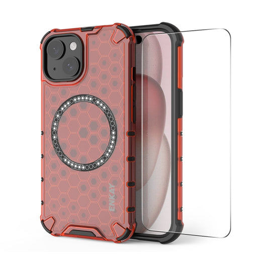 For iPhone 14 ENKAY Hat-Prince Honeycomb MagSafe Shockproof Phone Case with Large Arc Edge Film(Red) by ENKAY