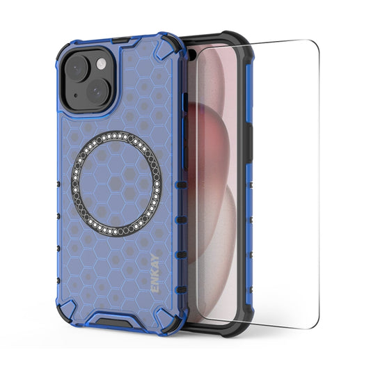 For iPhone 14 ENKAY Hat-Prince Honeycomb MagSafe Shockproof Phone Case with Large Arc Edge Film(Blue) by ENKAY