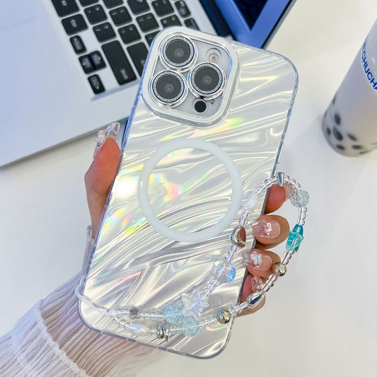 For iPhone 16 Pro Max Plating Texture Wristband MagSafe TPU Phone Case with Glitter Lens Film(White Water Ripples) by buy2fix