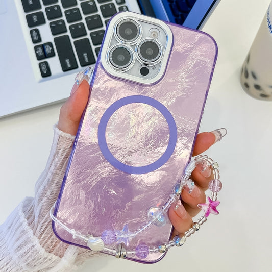 For iPhone 16 Pro Plating Texture Wristband MagSafe TPU Phone Case with Glitter Lens Film(Purple Tinfoil Texture) by buy2fix