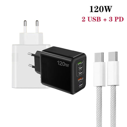 120W PD3.0 3 Type-C 2 USB Multi Port Quick Charger with Type-C to Type-C Cable, EU Plug(White) - USB Charger by buy2fix | Online Shopping UK | buy2fix