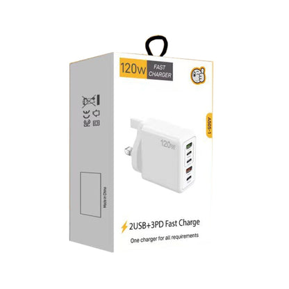 120W PD3.0 3 Type-C 2 USB Multi Port Quick Charger with Type-C to Type-C Cable, UK Plug(White) - USB Charger by buy2fix | Online Shopping UK | buy2fix