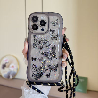 For iPhone 16 Pro Max Crossbody Wave Edge Butterfly TPU Phone Case(Black) by buy2fix