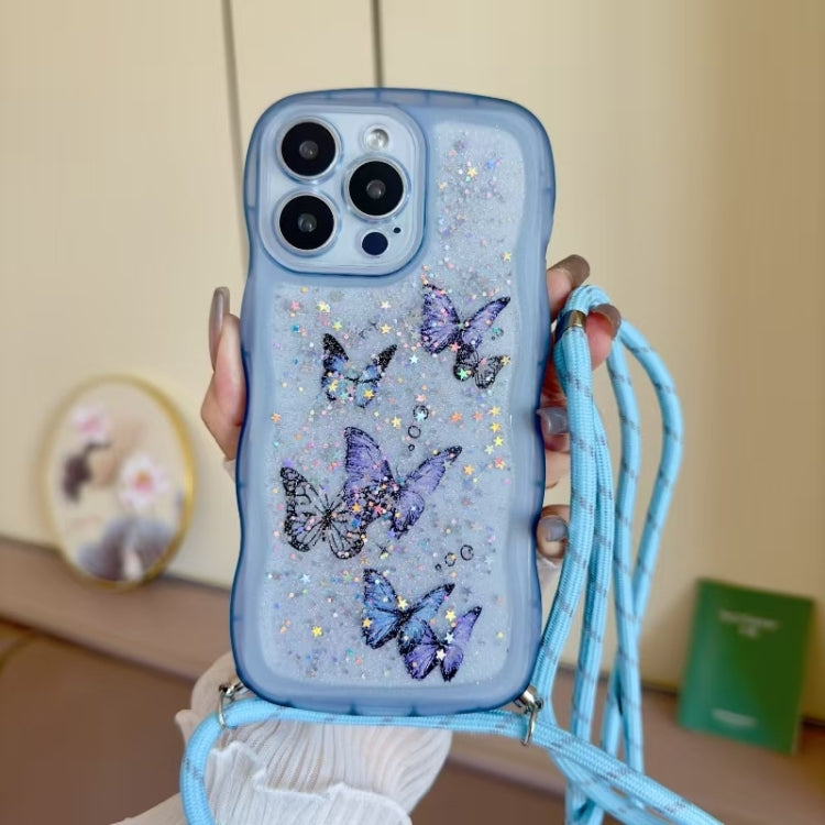 For iPhone 16 Pro Max Crossbody Wave Edge Butterfly TPU Phone Case(Blue) by buy2fix