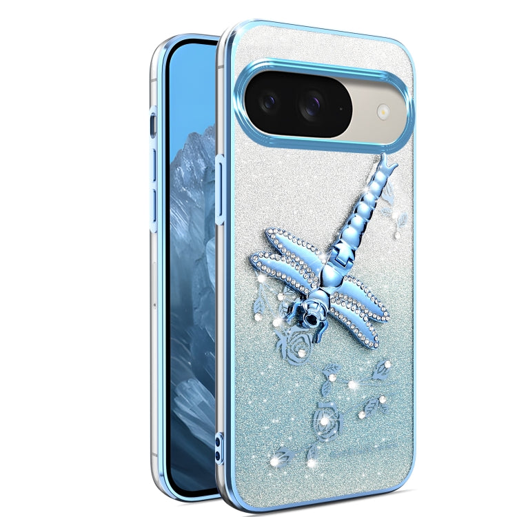 For Google Pixel 9 Gradient Glitter Immortal 3D Dragonfly Holder Plated Phone Case(Blue) by buy2fix