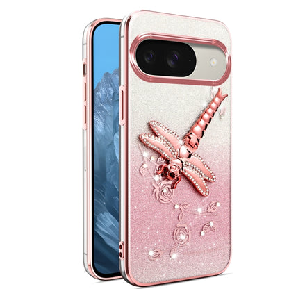 For Google Pixel 9 Gradient Glitter Immortal 3D Dragonfly Holder Plated Phone Case(Pink) by buy2fix