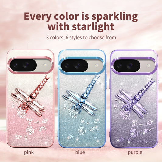 For Google Pixel 9 Gradient Glitter Immortal 3D Dragonfly Holder Plated Phone Case(Pink) by buy2fix