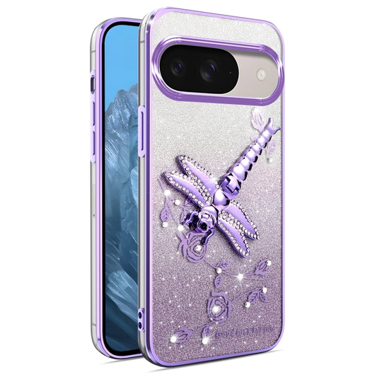 For Google Pixel 9 Pro Gradient Glitter Immortal 3D Dragonfly Holder Plated Phone Case(Purple) by buy2fix