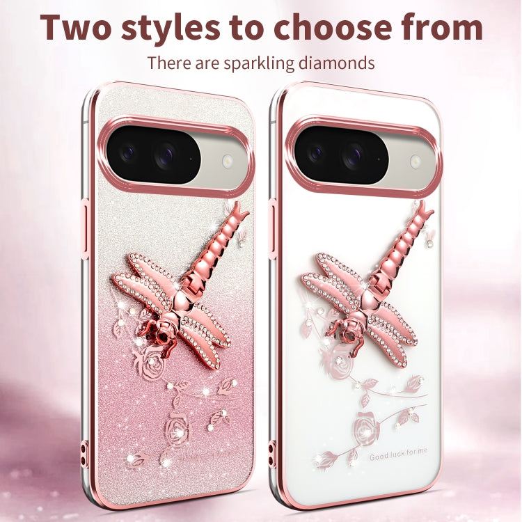For Google Pixel 9 Pro Gradient Glitter Immortal 3D Dragonfly Holder Plated Phone Case(Pink) by buy2fix