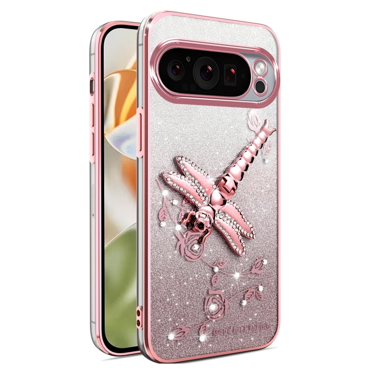 For Google Pixel 9 Pro XL Gradient Glitter Immortal 3D Dragonfly Holder Plated Phone Case(Pink) by buy2fix