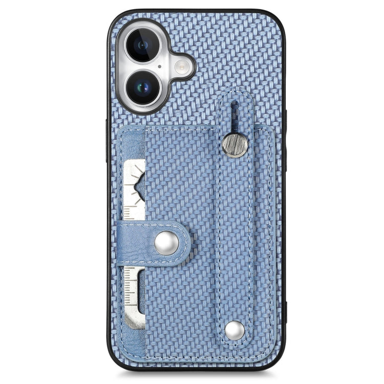 For iPhone 16 Wristband Kickstand Card Wallet Back Phone Case with Tool Knife(Blue) by buy2fix
