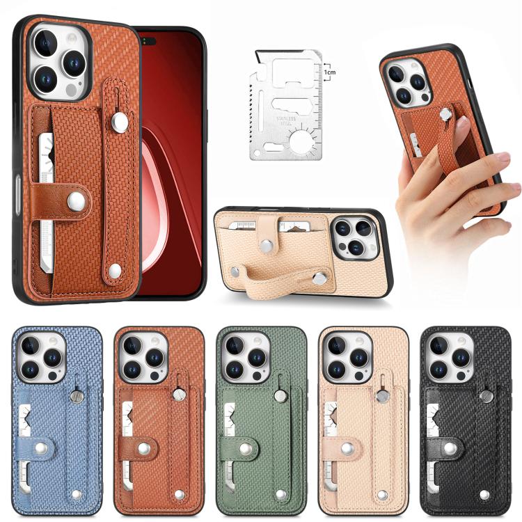 For iPhone 16 Pro Wristband Kickstand Card Wallet Back Phone Case with Tool Knife(Khaki) by buy2fix