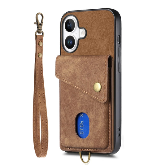 For iPhone 16 Retro Card Wallet Fold Leather Phone Case with Strap(Brown) - iPhone 16 Cases by buy2fix | Online Shopping UK | buy2fix