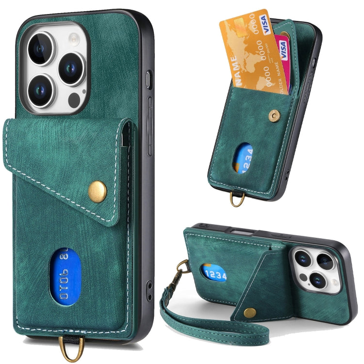 For iPhone 16 Pro Retro Card Wallet Fold Leather Phone Case with Strap(Green) by buy2fix