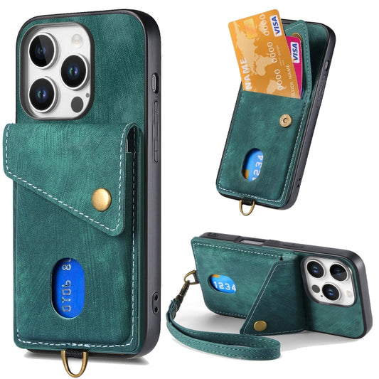 For iPhone 16 Pro Retro Card Wallet Fold Leather Phone Case with Strap(Green) by buy2fix