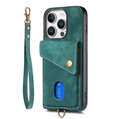 For iPhone 16 Pro Retro Card Wallet Fold Leather Phone Case with Strap(Green) by buy2fix