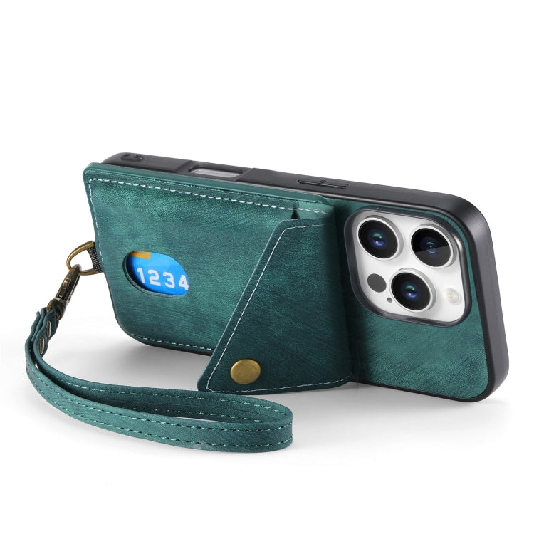 For iPhone 16 Pro Retro Card Wallet Fold Leather Phone Case with Strap(Green) by buy2fix
