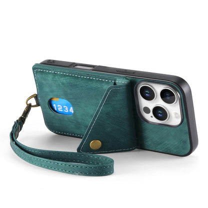 For iPhone 16 Pro Retro Card Wallet Fold Leather Phone Case with Strap(Green) by buy2fix
