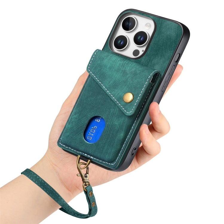 For iPhone 16 Pro Retro Card Wallet Fold Leather Phone Case with Strap(Green) by buy2fix