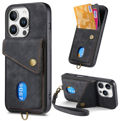 For iPhone 16 Pro Max Retro Card Wallet Fold Leather Phone Case with Strap(Black) by buy2fix