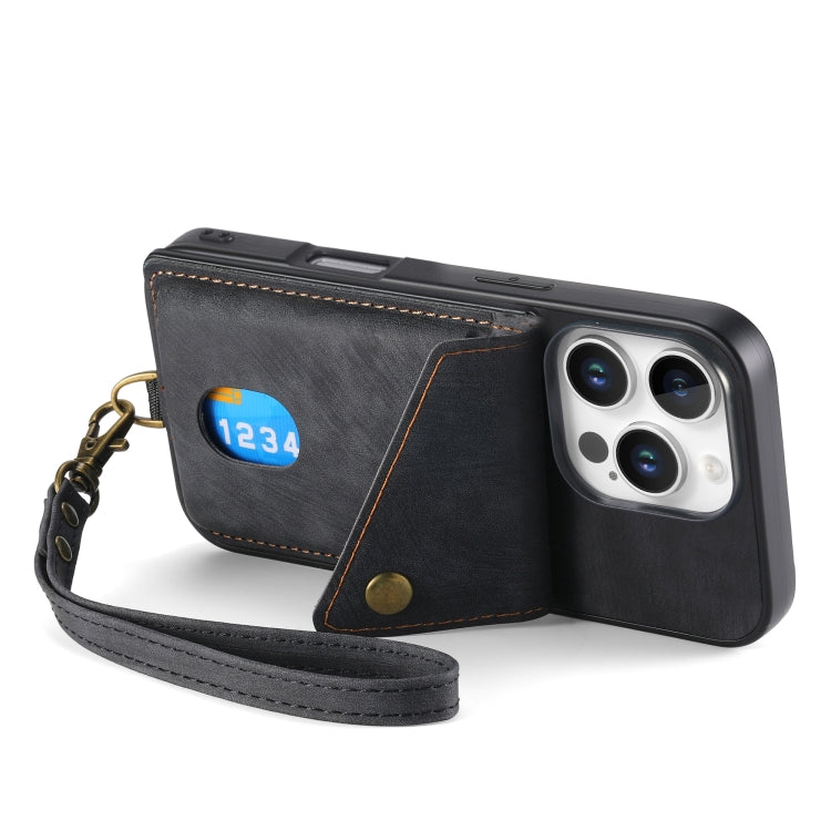 For iPhone 16 Pro Max Retro Card Wallet Fold Leather Phone Case with Strap(Black) by buy2fix