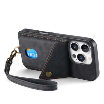 For iPhone 16 Pro Max Retro Card Wallet Fold Leather Phone Case with Strap(Black) by buy2fix