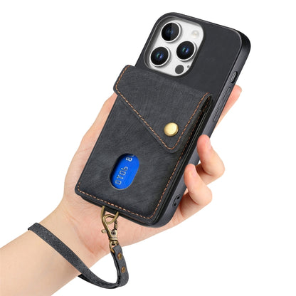 For iPhone 16 Pro Max Retro Card Wallet Fold Leather Phone Case with Strap(Black) by buy2fix