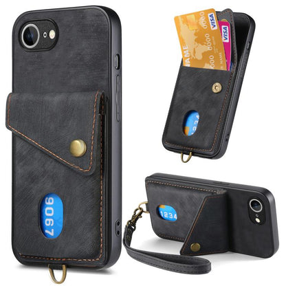 For iPhone 16e Retro Card Wallet Fold Leather Phone Case with Strap(Black) - iPhone 16e Cases by buy2fix | Online Shopping UK | buy2fix