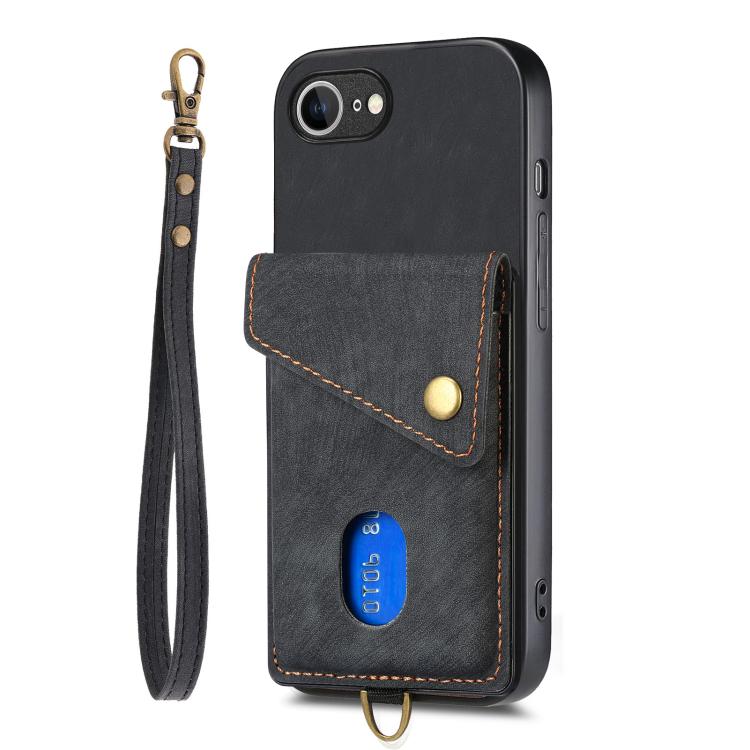 For iPhone 16e Retro Card Wallet Fold Leather Phone Case with Strap(Black) - iPhone 16e Cases by buy2fix | Online Shopping UK | buy2fix