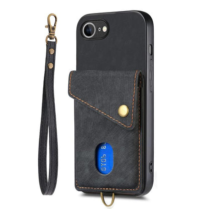 For iPhone 16e Retro Card Wallet Fold Leather Phone Case with Strap(Black) - iPhone 16e Cases by buy2fix | Online Shopping UK | buy2fix
