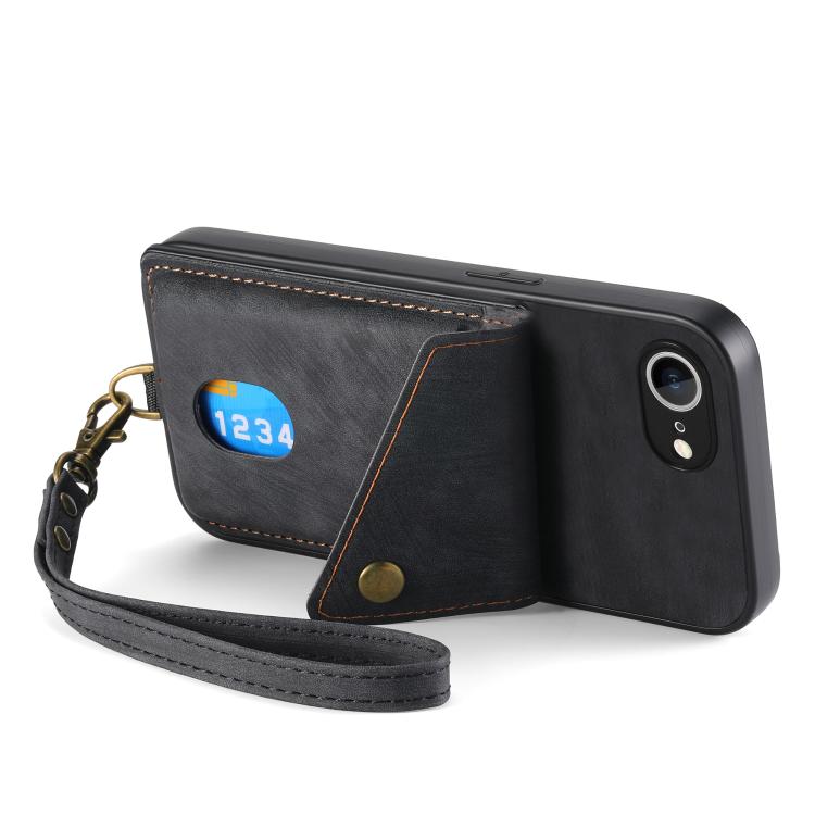 For iPhone 16e Retro Card Wallet Fold Leather Phone Case with Strap(Black) - iPhone 16e Cases by buy2fix | Online Shopping UK | buy2fix