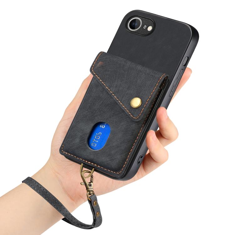 For iPhone 16e Retro Card Wallet Fold Leather Phone Case with Strap(Black) - iPhone 16e Cases by buy2fix | Online Shopping UK | buy2fix