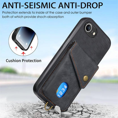 For iPhone 16e Retro Card Wallet Fold Leather Phone Case with Strap(Black) - iPhone 16e Cases by buy2fix | Online Shopping UK | buy2fix