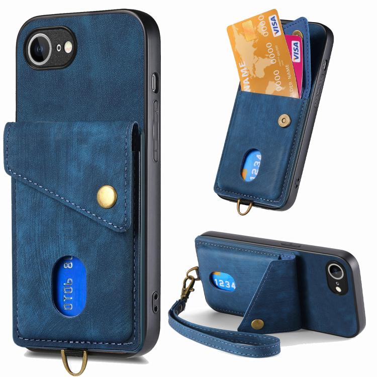 For iPhone 16e Retro Card Wallet Fold Leather Phone Case with Strap(Blue) - iPhone 16e Cases by buy2fix | Online Shopping UK | buy2fix