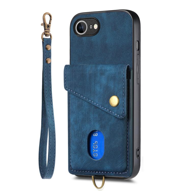 For iPhone 16e Retro Card Wallet Fold Leather Phone Case with Strap(Blue) - iPhone 16e Cases by buy2fix | Online Shopping UK | buy2fix