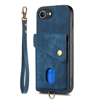 For iPhone 16e Retro Card Wallet Fold Leather Phone Case with Strap(Blue) - iPhone 16e Cases by buy2fix | Online Shopping UK | buy2fix