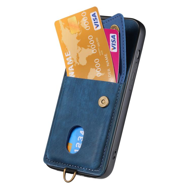 For iPhone 16e Retro Card Wallet Fold Leather Phone Case with Strap(Blue) - iPhone 16e Cases by buy2fix | Online Shopping UK | buy2fix