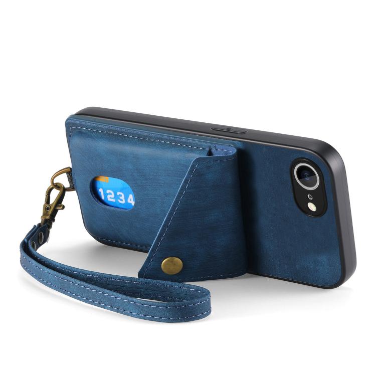 For iPhone 16e Retro Card Wallet Fold Leather Phone Case with Strap(Blue) - iPhone 16e Cases by buy2fix | Online Shopping UK | buy2fix
