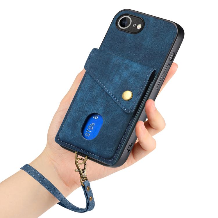 For iPhone 16e Retro Card Wallet Fold Leather Phone Case with Strap(Blue) - iPhone 16e Cases by buy2fix | Online Shopping UK | buy2fix