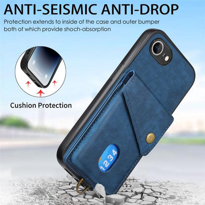 For iPhone 16e Retro Card Wallet Fold Leather Phone Case with Strap(Blue) - iPhone 16e Cases by buy2fix | Online Shopping UK | buy2fix