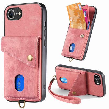 For iPhone 16e Retro Card Wallet Fold Leather Phone Case with Strap(Pink) - iPhone 16e Cases by buy2fix | Online Shopping UK | buy2fix
